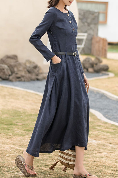 Long sleeves spring linen dress with pockets 2860