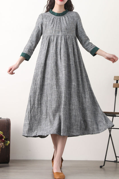 Loose fitting patchwork gray linen dress 2578