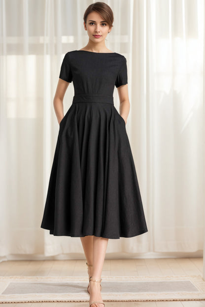 Little Black Linen Swing Dress – Boat Neck Fit and Flare Midi 6623