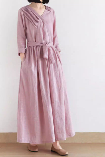 Maxi pink linen dress with tie belt waist 4831