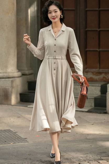 Beige Linen Cotton Midi Shirt Dress - Vintage Belted Swing Silhouette 5674