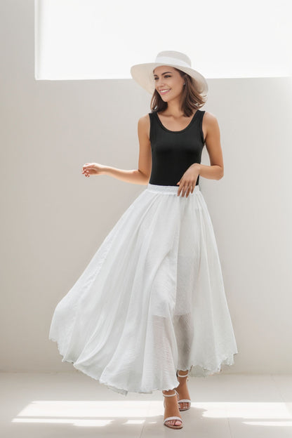 Boho Elastic Waist Pleated Maxi White Skirts 2718