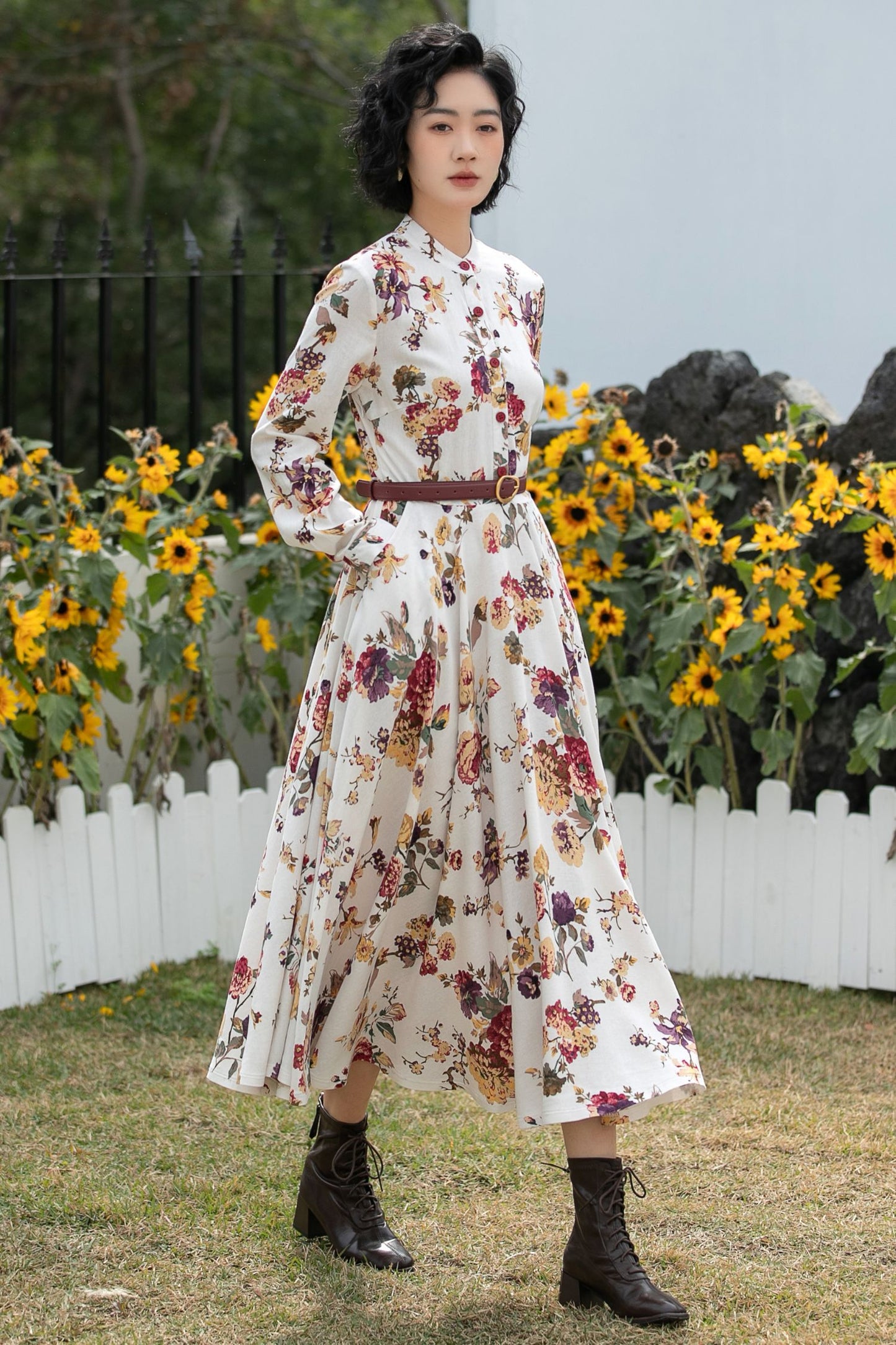 Xiaolizi Floral Linen Midi Dress – Vintage Mandarin Collar Shirt Dress 6691