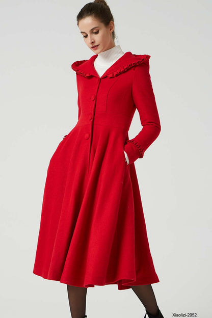 long red wool dress coat with ruffle details 2052