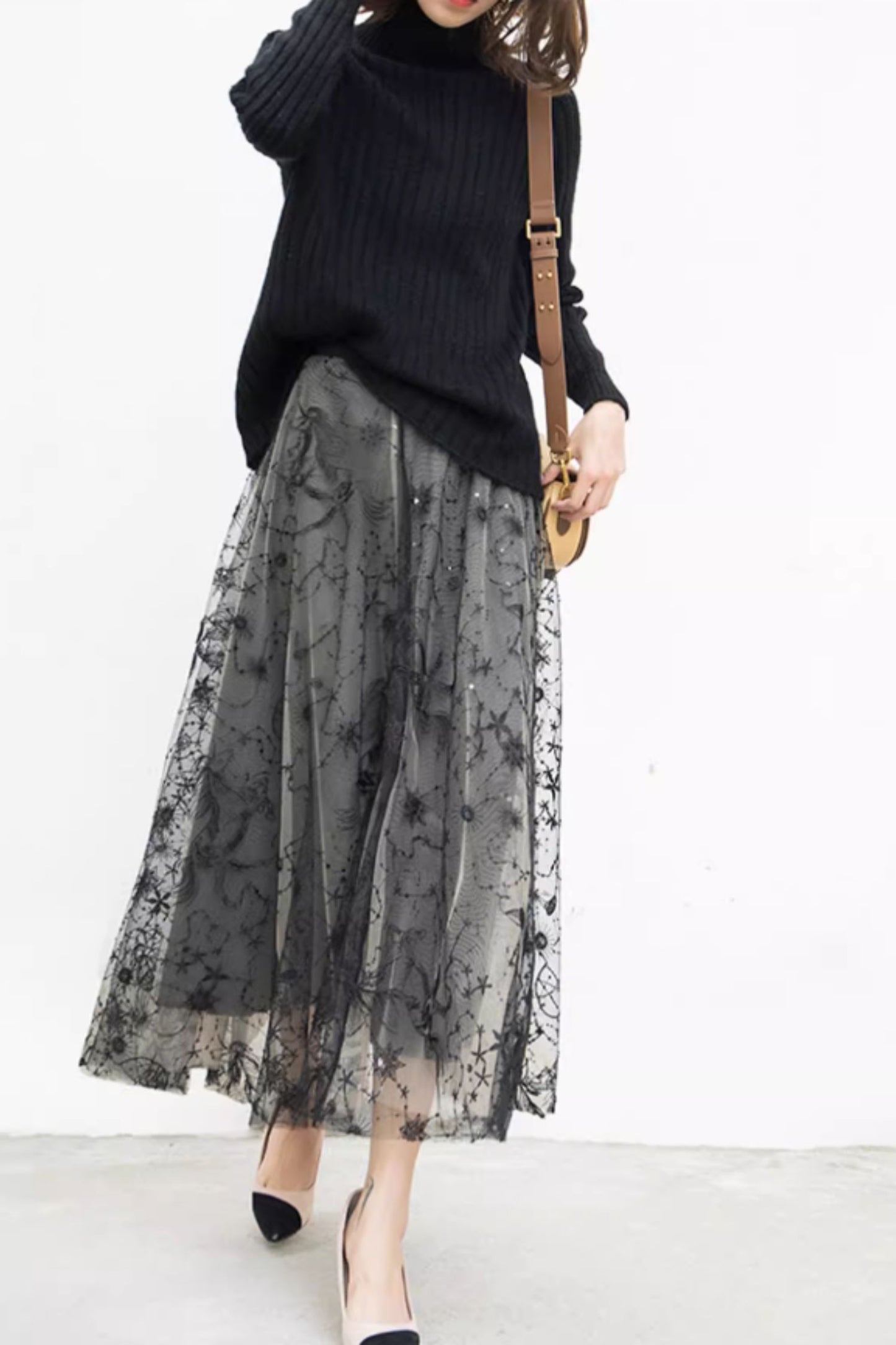 Black flower printed long lace skirt 5583