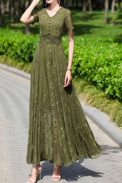 Olive Chiffon Maxi Dress - Fit and Flare Silhouette with V-Neckline 5085