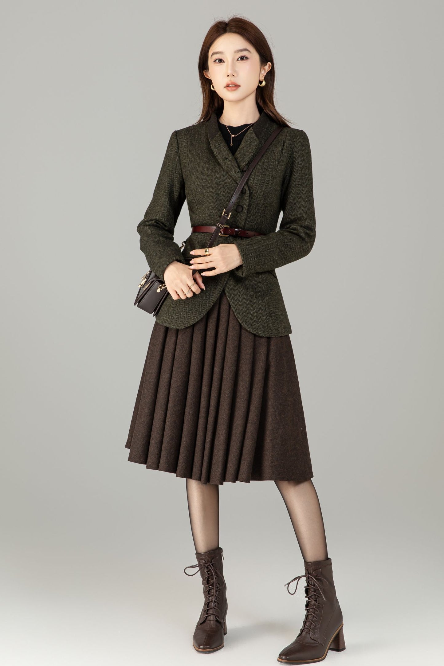 Handmade Wool Blend Herringbone Jacket – Vintage Short Coat | Xiaolizi 6496