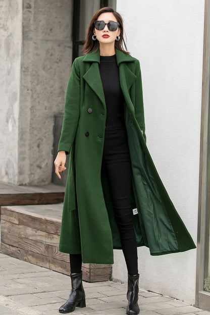 Dark Green Wool Coat – Vintage Double Breasted Winter Maxi | Xiaolizi 2842