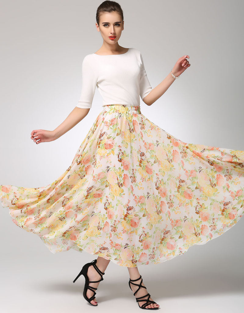 Floral Chiffon Maxi Skirt with Elastic Waist | Xiaolizi 1275