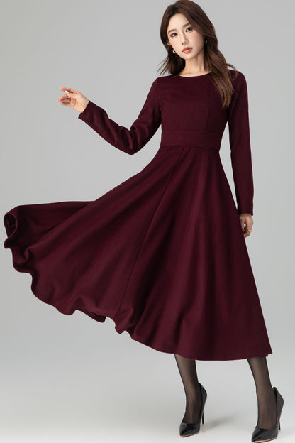 Burgundy Wool Dress – Handmade Long Sleeve Fit & Flare Winter Midi | Xiaolizi 6392