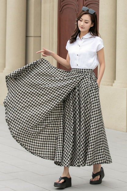Plaid maxi swing wrap linen skirt 4946 -Size XS #CK2400347