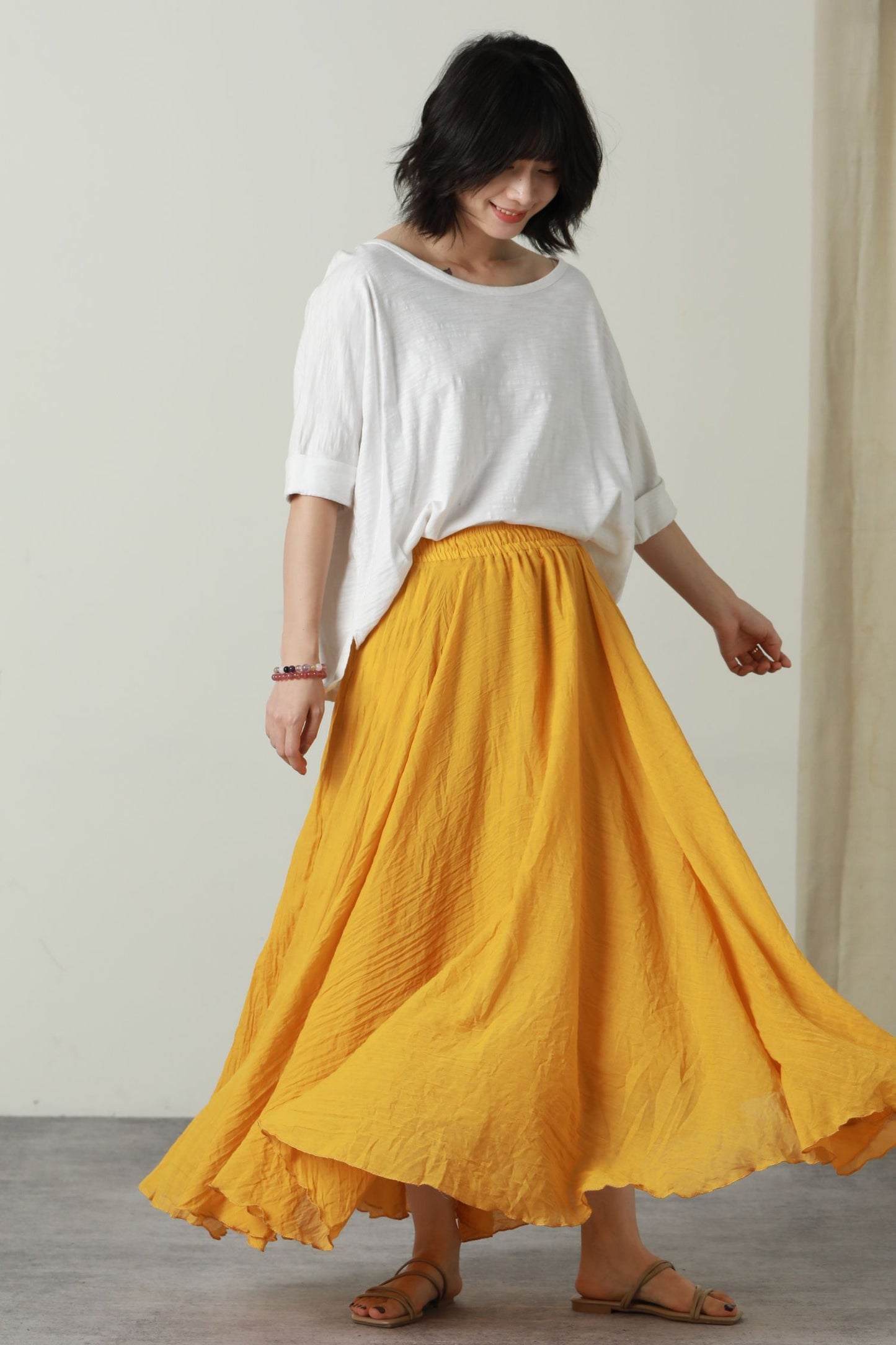 Elastic waist swing long linen skirt women 6179