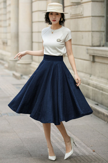 Navy Linen Midi Skirt - High Waist A-Line | Xiaolizi 6751