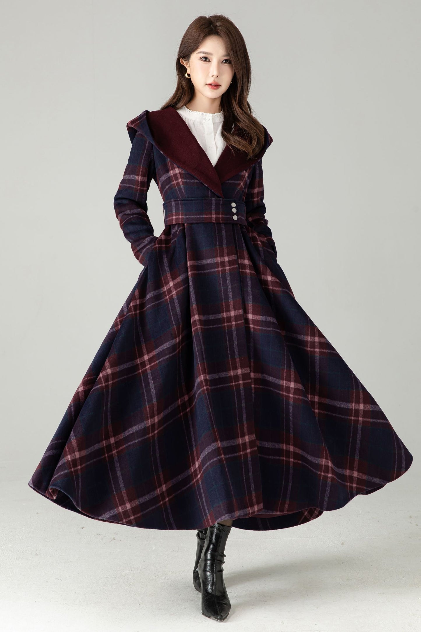 Plaid Hooded Wool Coat – A-Line Long Winter Coat with Contrast Lapel | Xiaolizi 6570