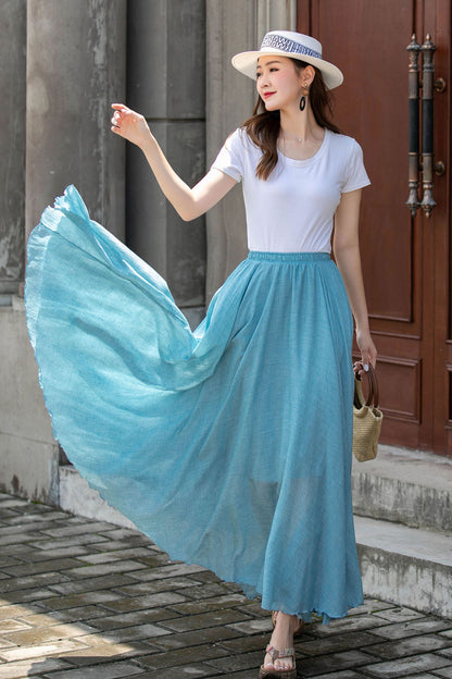 Long cotton swing blue summer skirt 4412