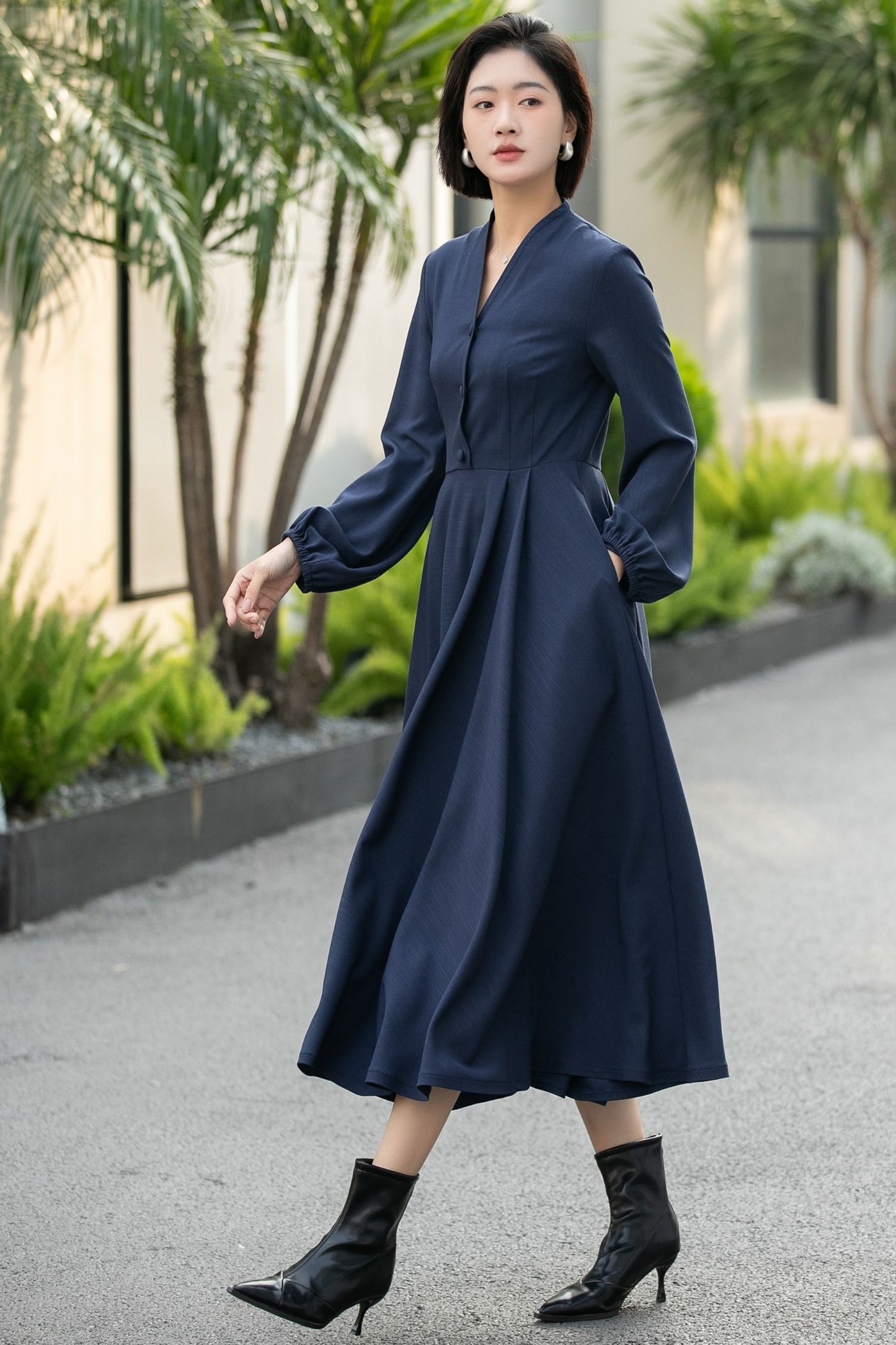 Handmade Navy Blue Button-Front Midi Dress – Vintage Long Sleeve Swing Dress 6659 -Size XS #CK2600029