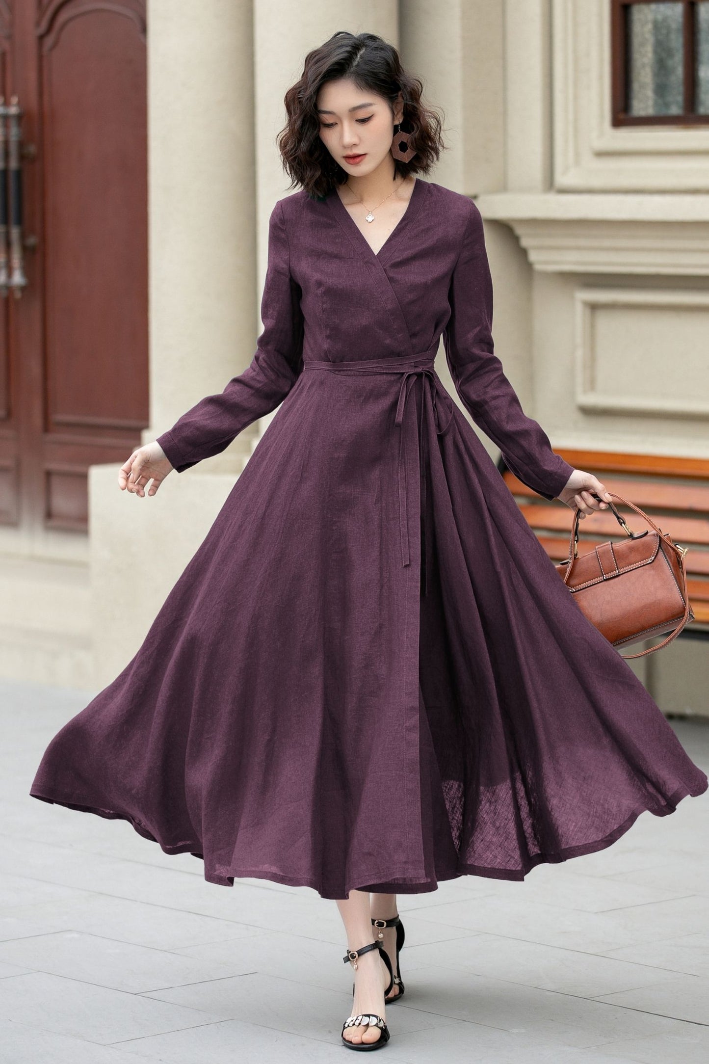 Purple Linen Wrap Dress – Handmade Long Sleeve Maxi for Women 6672