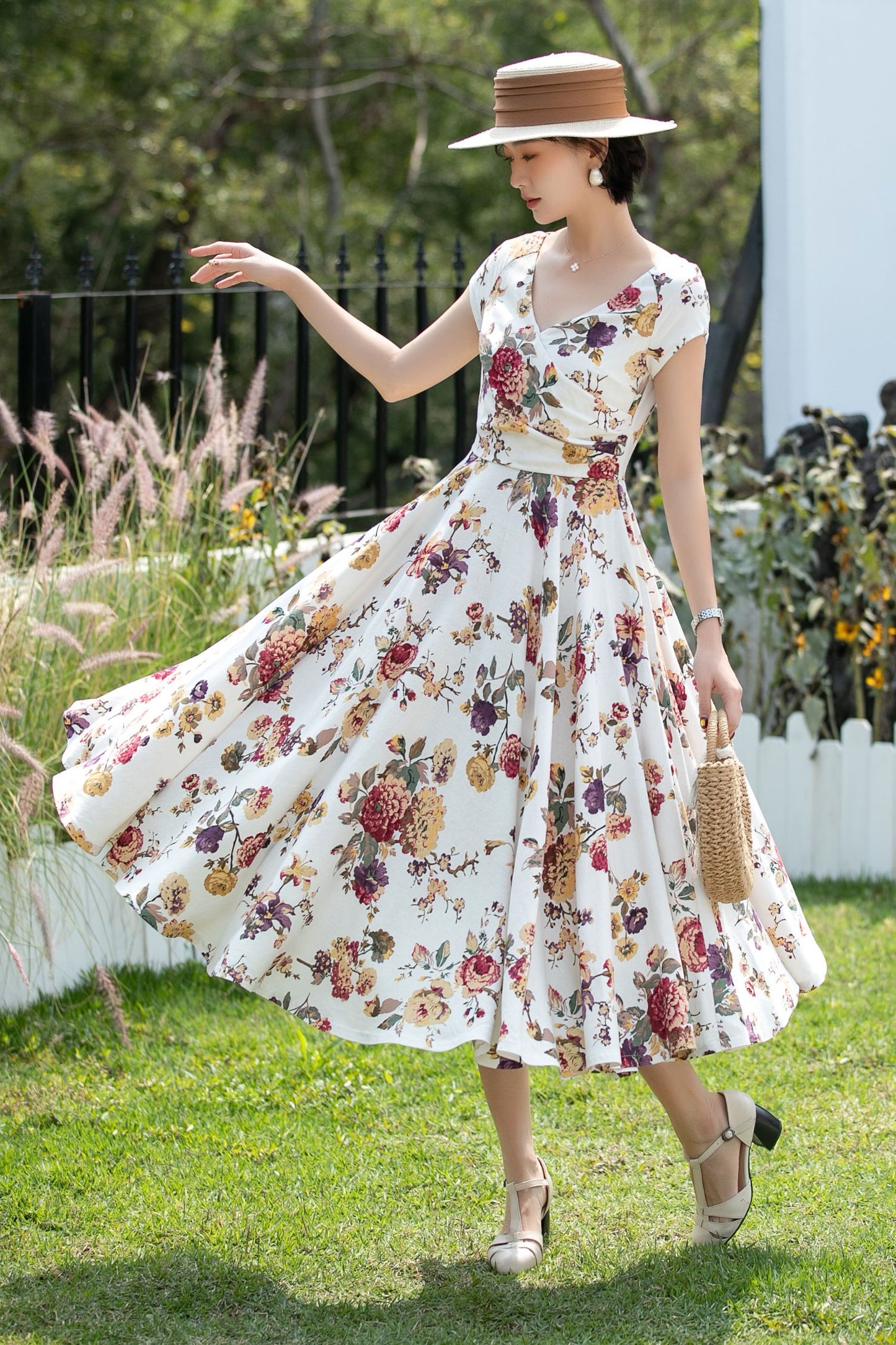 Floral Linen Cotton A-Line Midi Dress for Women 6738 - Size XS #CK2600264