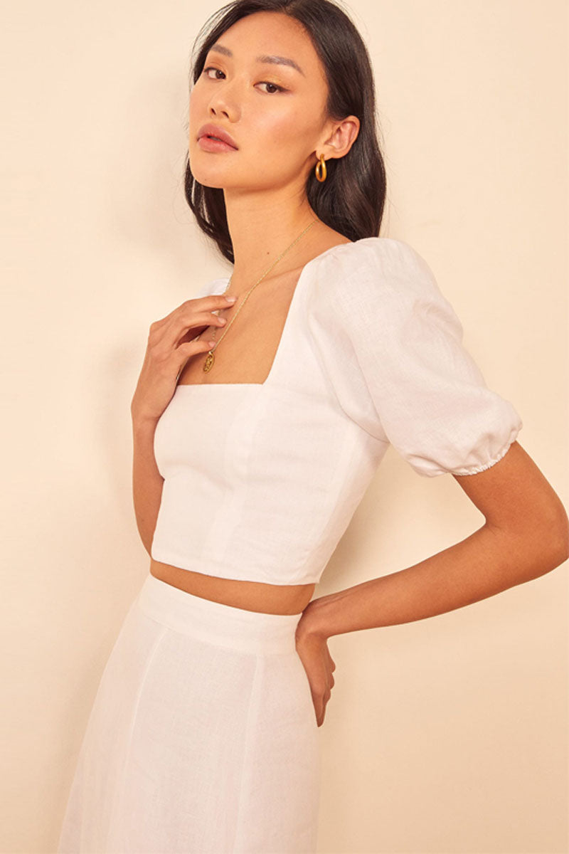 Summer white linen skirt with fitted waist 4337