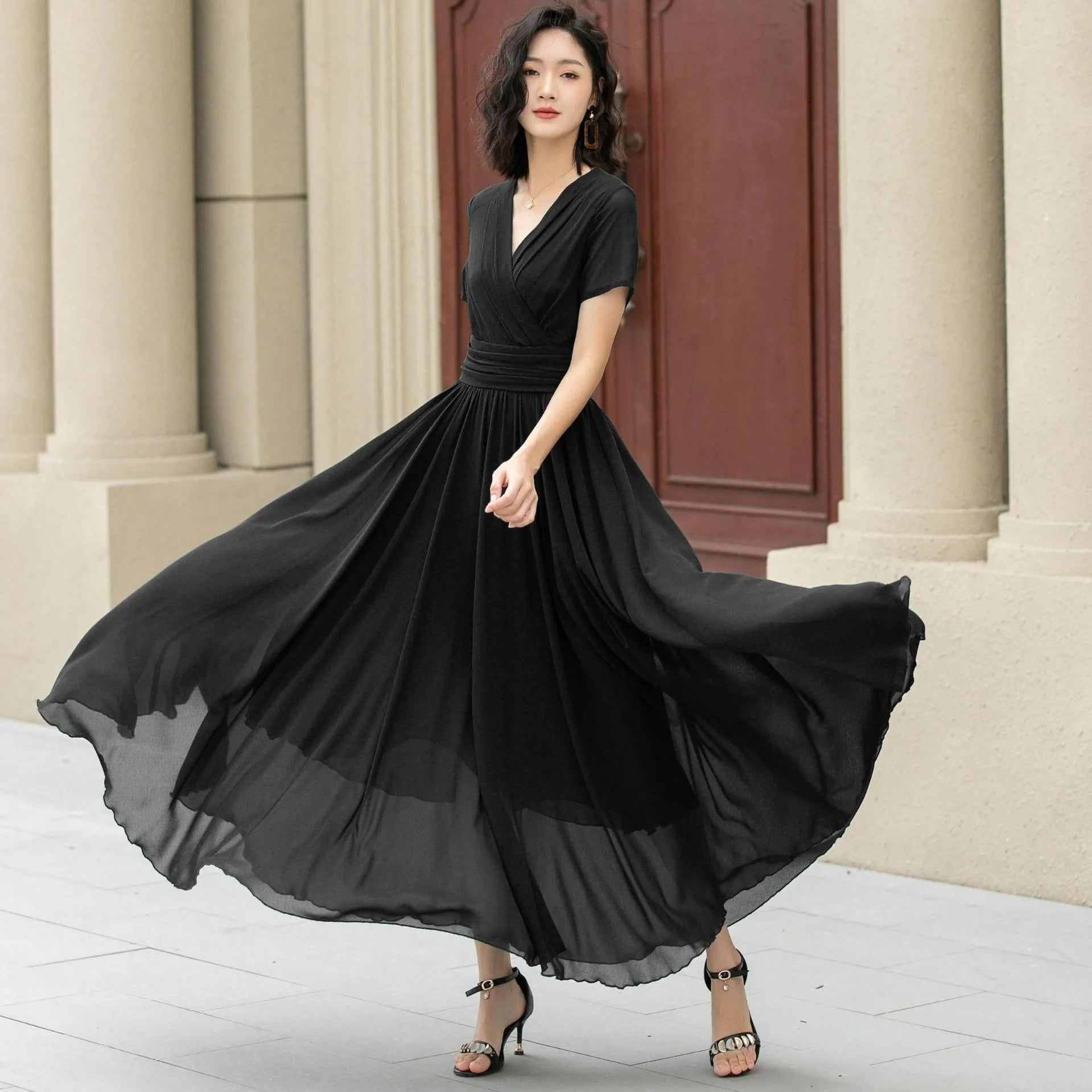 Black Chiffon Maxi Dress with V Neck and Swing Skirt for Elegant Occasions 6144 Black / XL