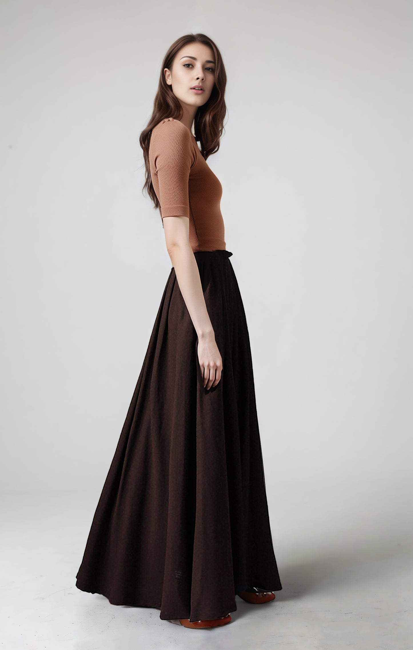 Brown Linen Maxi Skirt - High Waist Pleated | Xiaolizi 6750