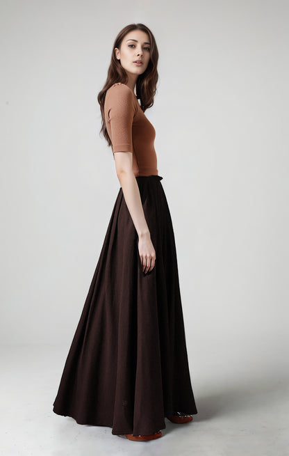 Brown Linen Maxi Skirt - High Waist Pleated | Xiaolizi 6750