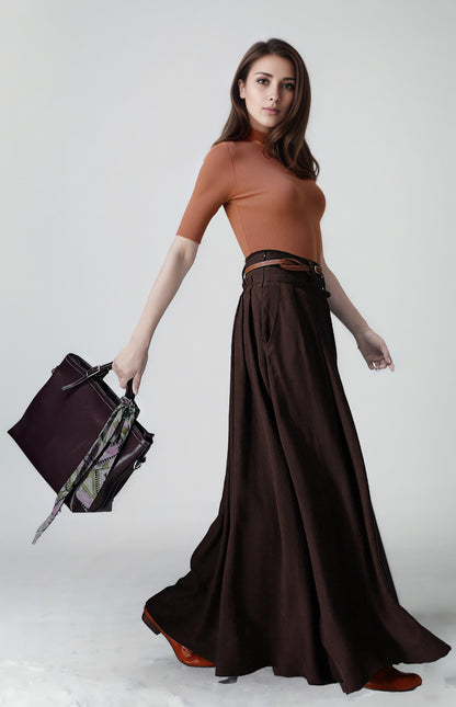 Brown Linen Maxi Skirt - High Waist Pleated | Xiaolizi 6750