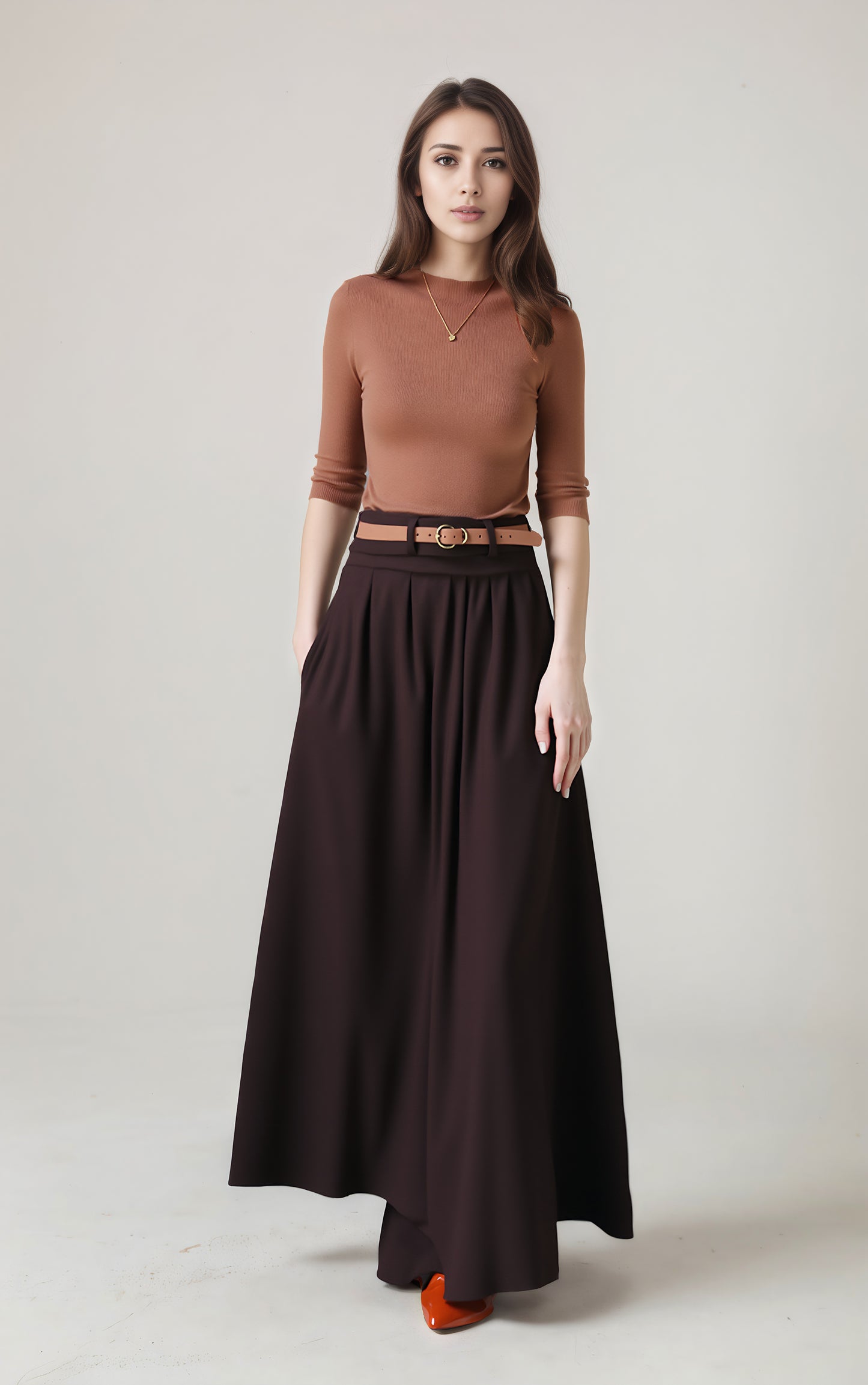 Brown Linen Maxi Skirt - High Waist Pleated | Xiaolizi 6750