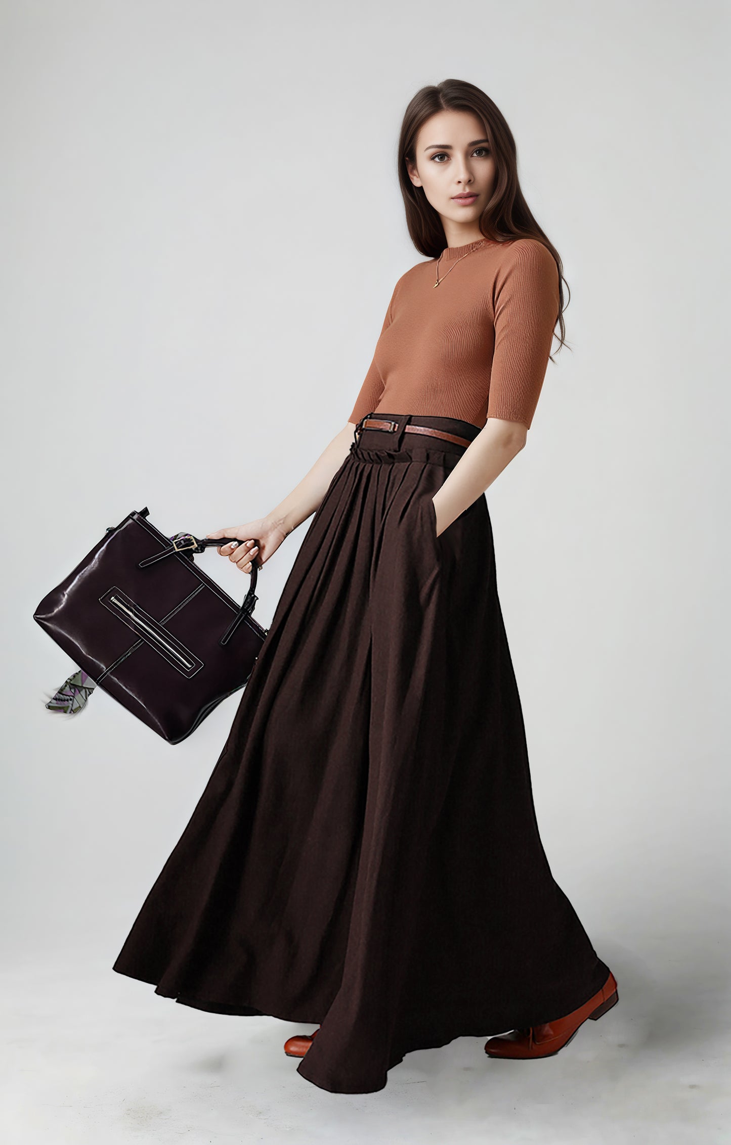 Brown Linen Maxi Skirt - High Waist Pleated | Xiaolizi 6750