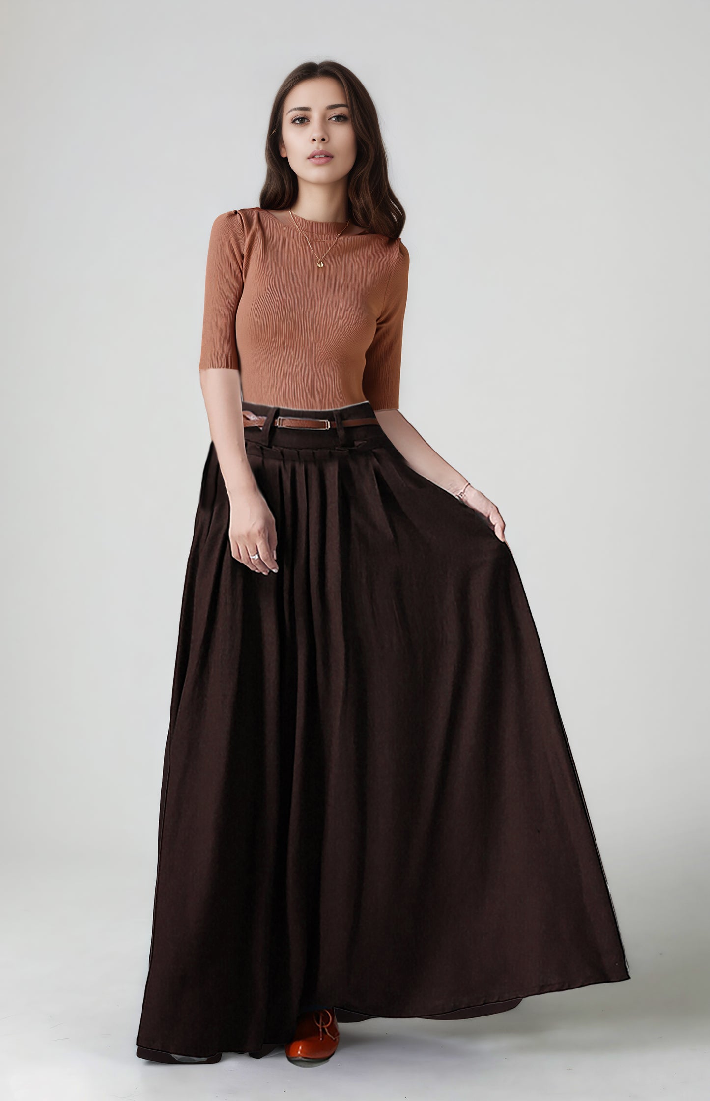 Brown Linen Maxi Skirt - High Waist Pleated | Xiaolizi 6750