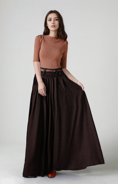 Brown Linen Maxi Skirt - High Waist Pleated | Xiaolizi 6750