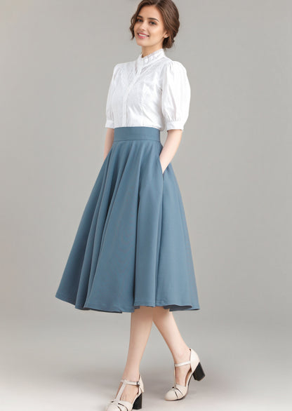 Vintage Blue Linen Skirt – High-Waisted Full Circle Midi – 3275