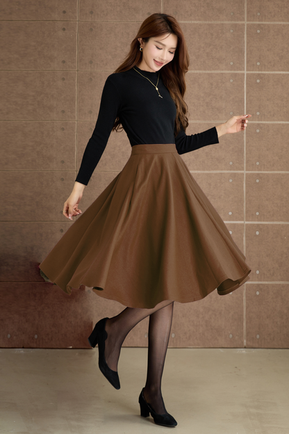 Burgundy knee length swing wool skirt 5362