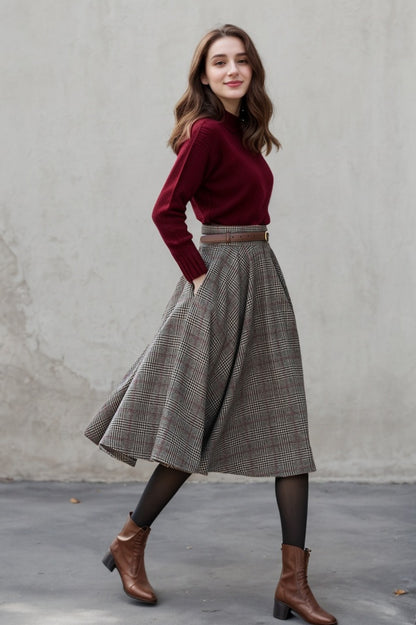 Plaid Wool Midi Skirt – Vintage High Waist Pleated Circle Skirt 5306