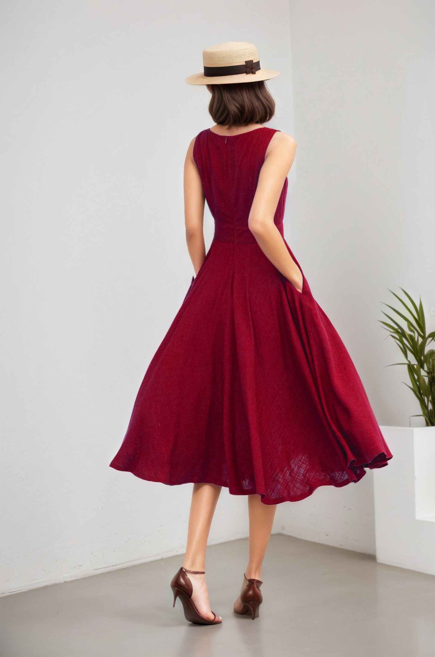 Wine Linen Cotton Midi Dress - Square Neck A-Line | Xiaolizi 6072