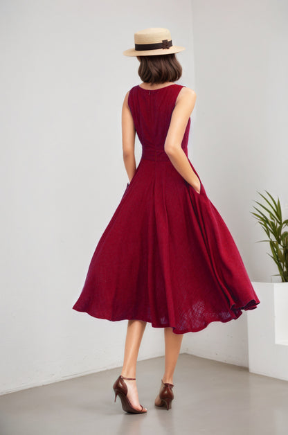 Wine Linen Cotton Midi Dress - Square Neck A-Line | Xiaolizi 6072