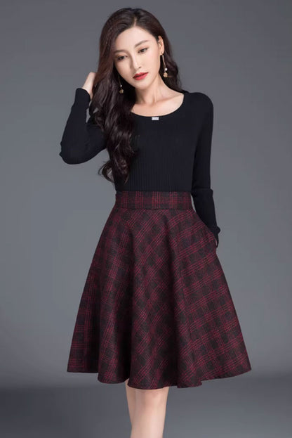Red Plaid Wool Skater Skirt - A-Line, Back Elastic Waist 4655-5