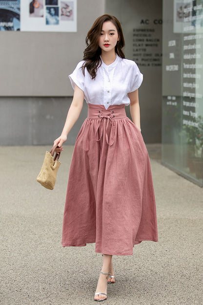 Blush Pink Linen Swing Skirt - High Waist with Pockets 4261