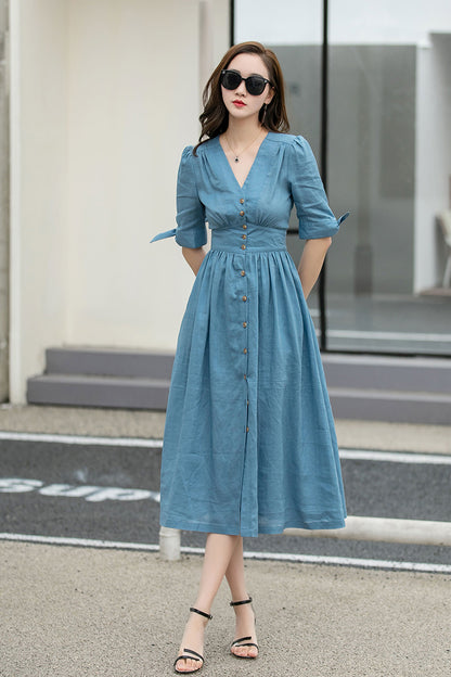 Blue Linen Midi Dress - Deep V-Neck, Button-Down Fit 4265