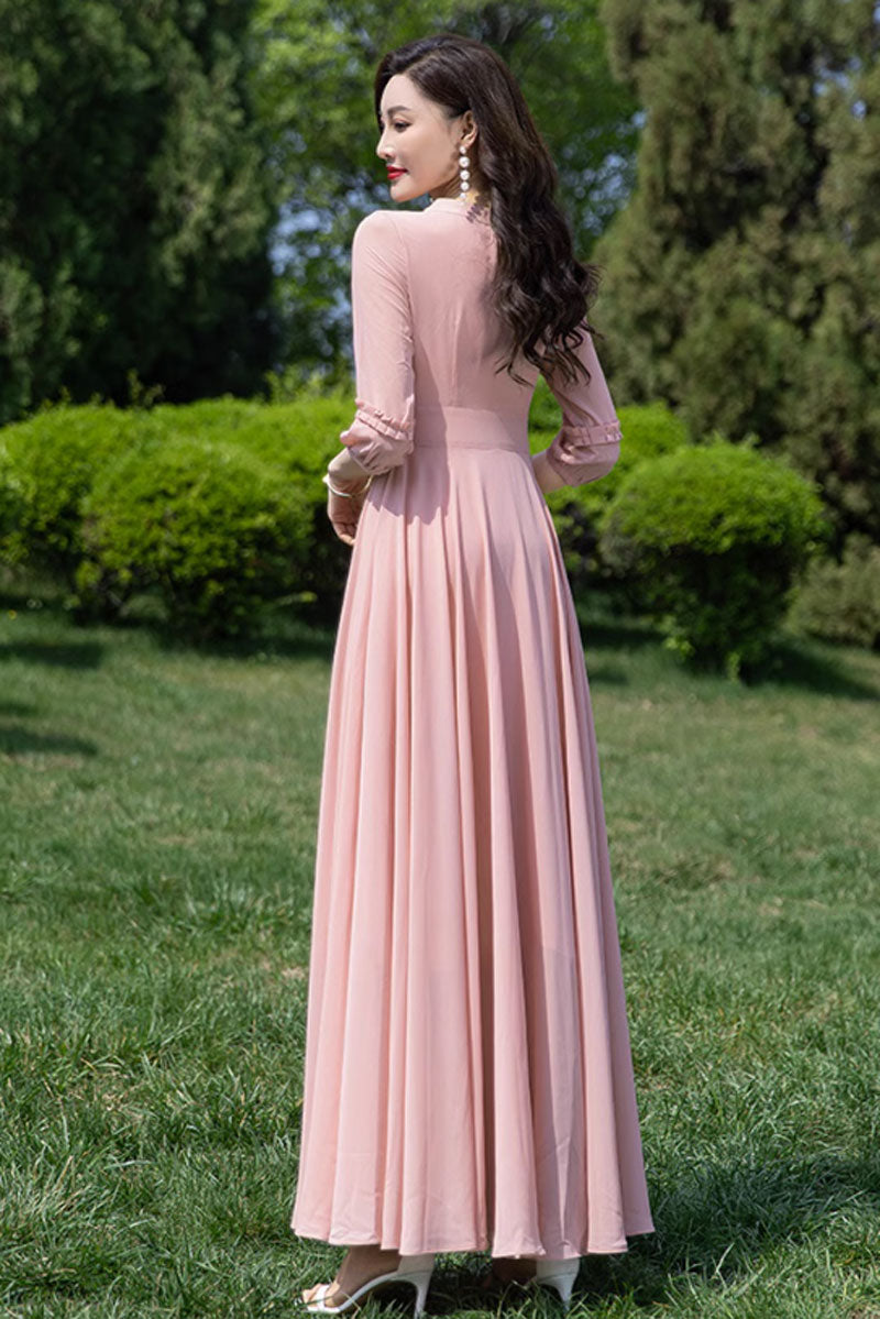 Pink Chiffon Maxi Dress - Fit and Flare with Ruffle Sleeves 4458