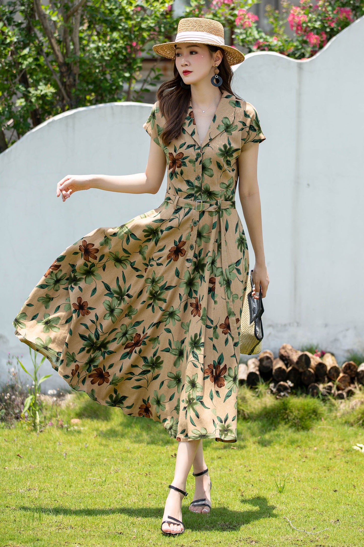 Handmade Floral Linen Dress – Short Sleeve Belted A-Line Summer Midi | Xiaolizi 4403