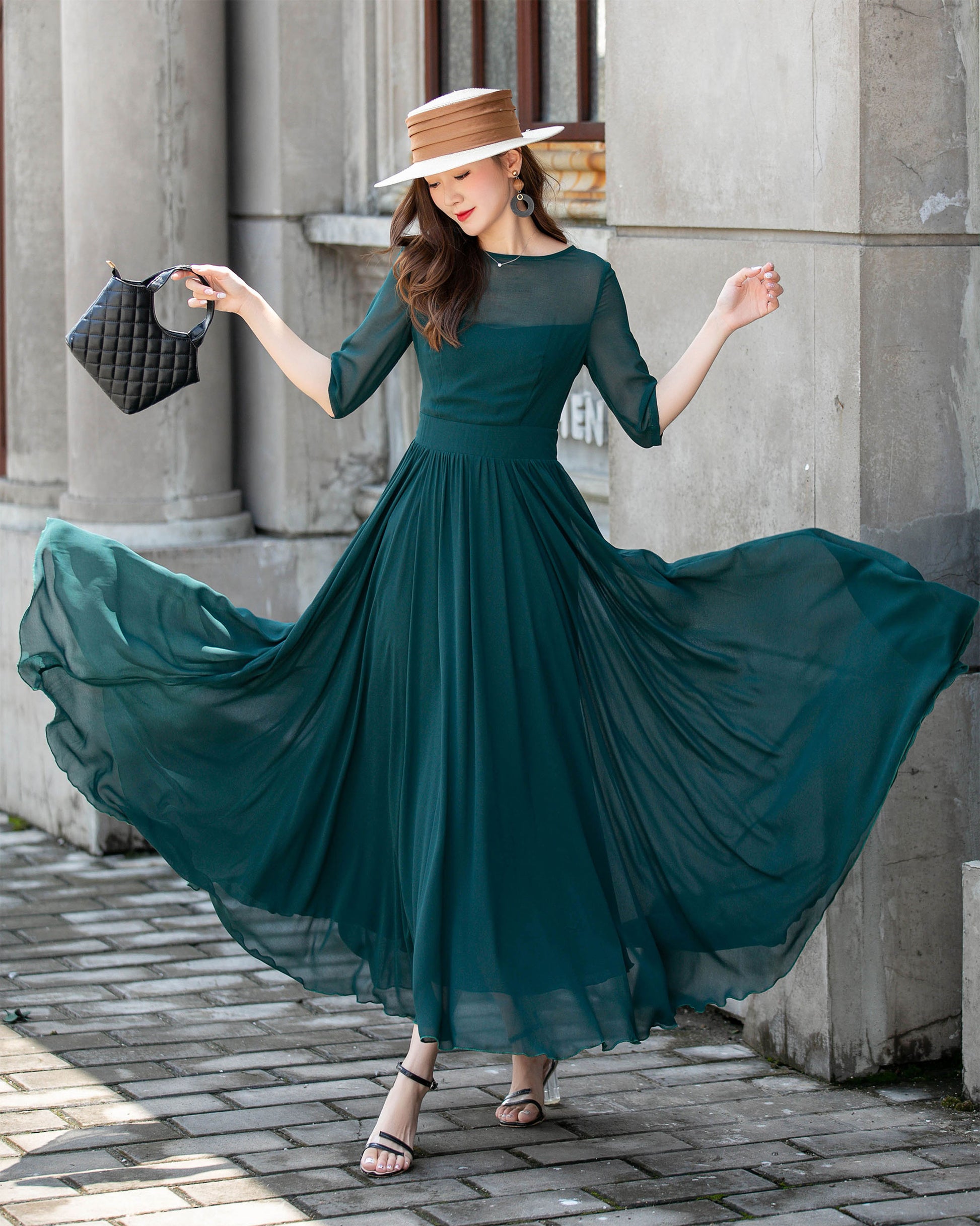Teal Chiffon Swing Dress - Boat Neck Flutter Sleeve | Xiaolizi 4410 - Teal / XS Teal Chiffon Swing Dress - Boat Neck Flutter Sleeve | Xiaolizi 4410 - Teal / XS