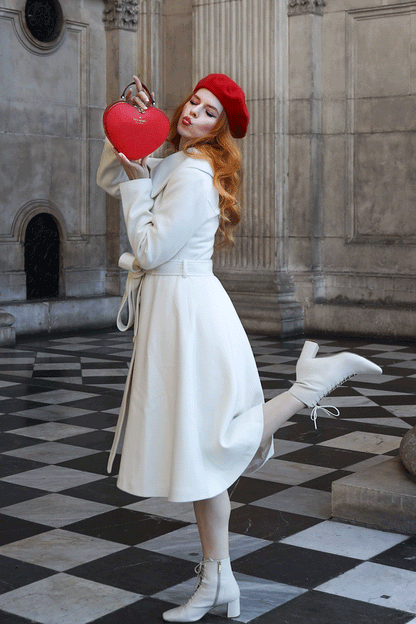 White Wool Swing Coat - Single-Breasted with Self-Tie Belt 4734