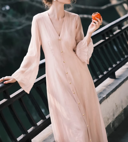 Pink A-Line Midi Dress – Romantic V-Neck Button Front Spring Dress | Xiaolizi 6641