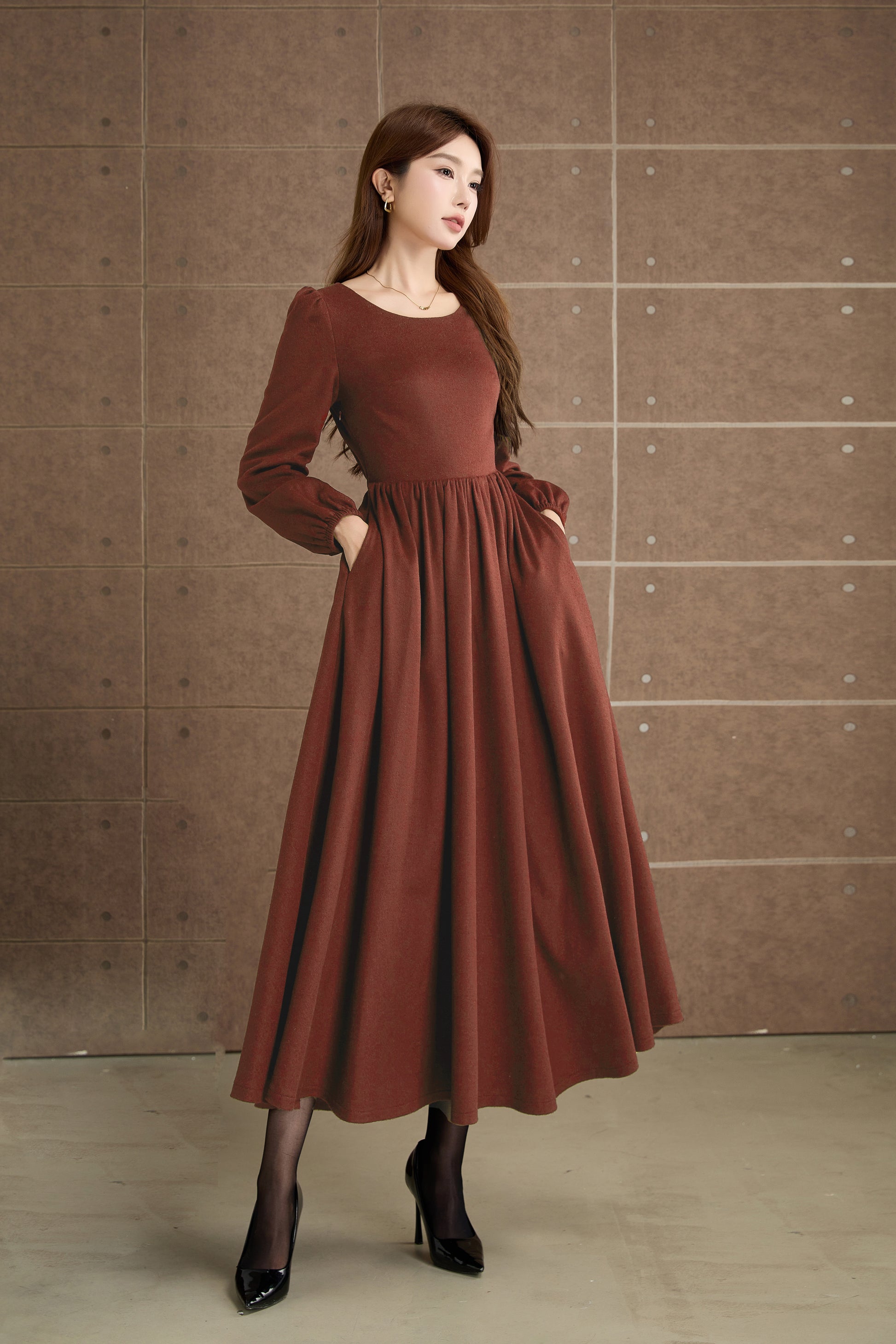 Burgundy Wool Maxi Dress – Elegant Long Sleeve Vintage Winter Dress 5359 Black / M