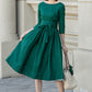 Green fit and flare spring linen dresses women 4897