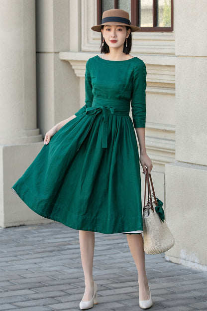 Green fit and flare spring linen dresses women 4897