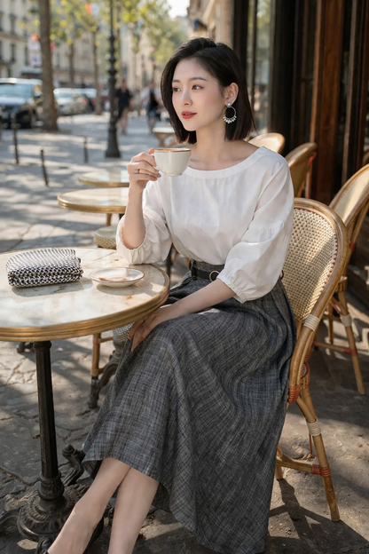 Handmade Gray Linen Skirt – Vintage A-Line Midi Skirt with Pockets | Xiaolizi 4899