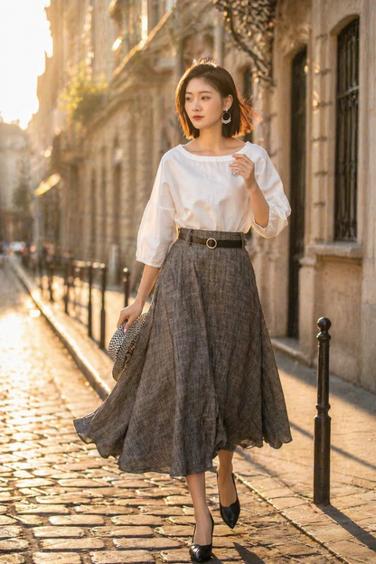 Handmade Gray Linen Skirt – Vintage A-Line Midi Skirt with Pockets | Xiaolizi 4899