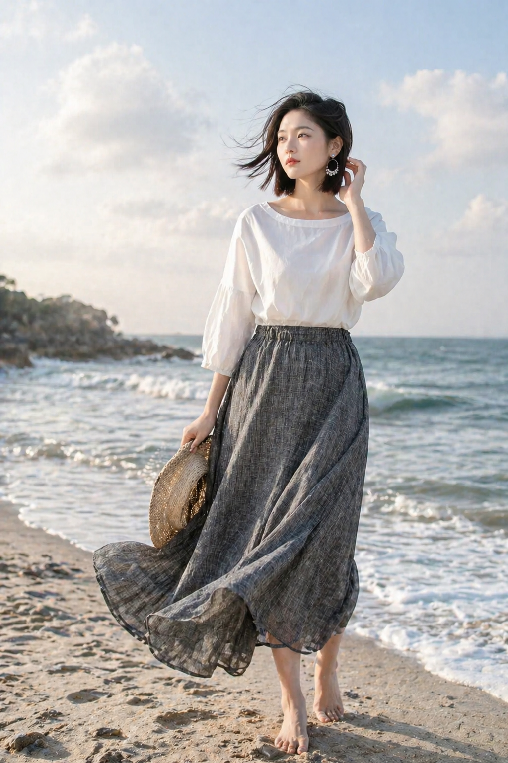 Handmade Gray Linen Skirt – Vintage A-Line Midi Skirt with Pockets | Xiaolizi 4899